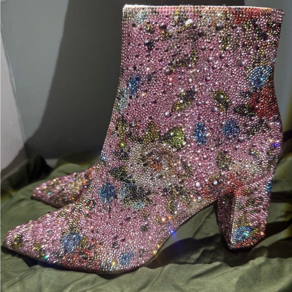 Betsey Johnson Cady Rhinestone Ankle Boots – Pink Floral – Size 8.5